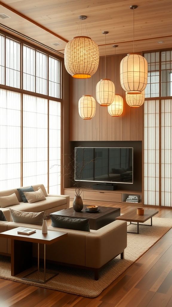 A modern Japanese living room featuring natural materials, clean lines, and a cozy atmosphere.