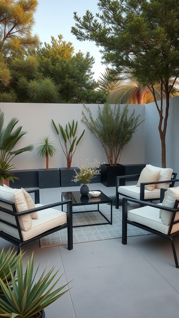 A modern minimalist backyard patio featuring cozy seating, wooden accents, and lush greenery.