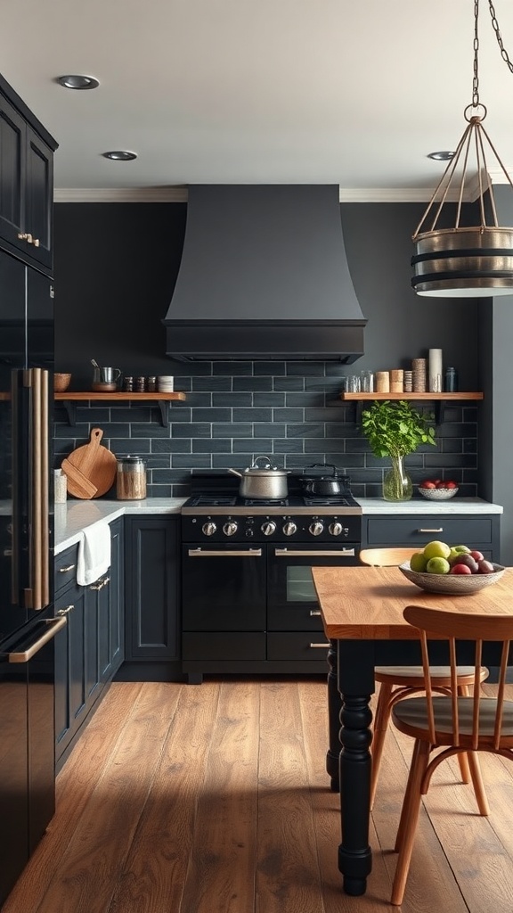 A modern minimalist kitchen featuring dark cabinetry and accents, with a wooden dining table and natural light.