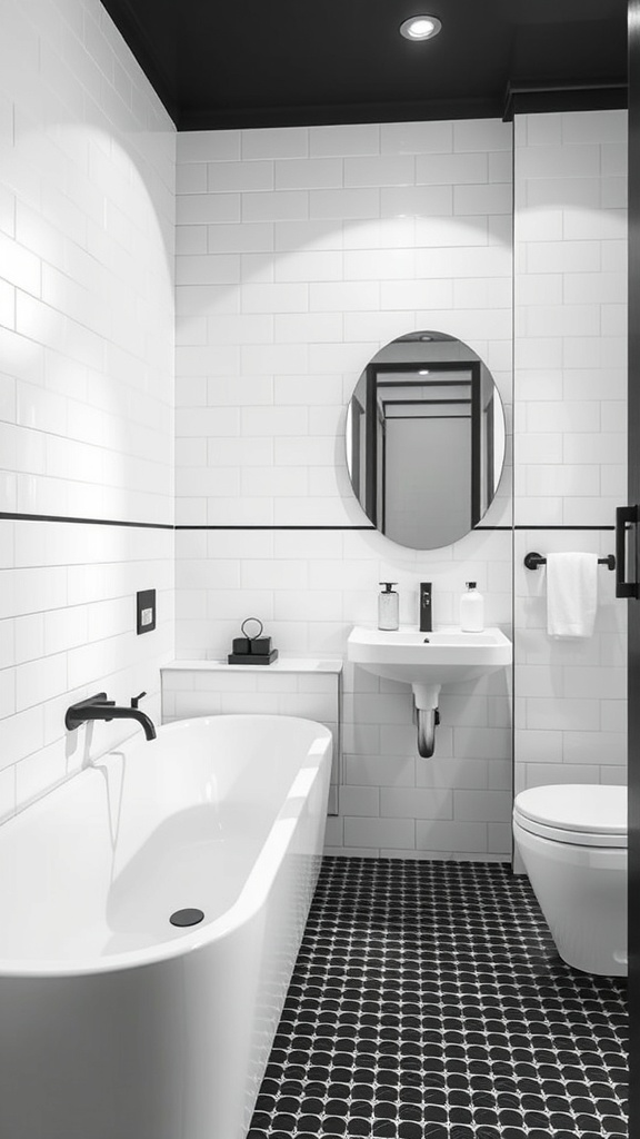 A modern monochrome bathroom featuring black and white tiles, a round mirror, and a touch of greenery.