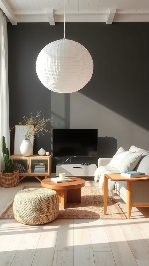 A cozy living room featuring a monochromatic color scheme with a dark wall, light furniture, and natural elements.