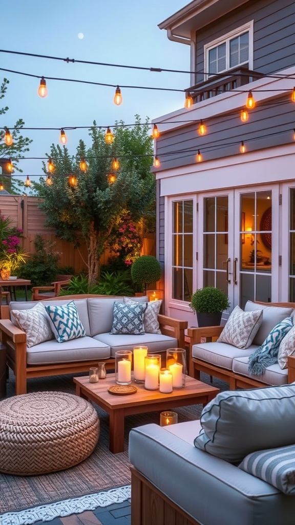 Cozy outdoor lounge area with candles and string lights