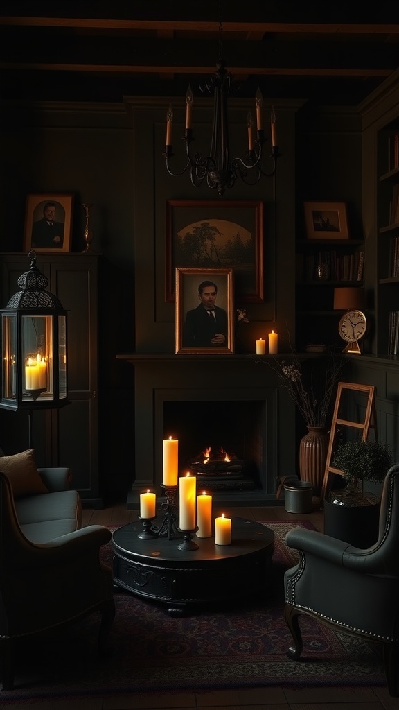 A Western Gothic living room with candles and lanterns creating a warm atmosphere.