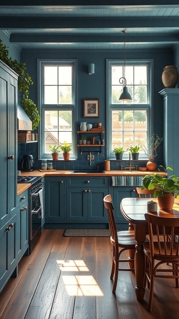 A cozy kitchen featuring moody blue cabinets and natural light from large windows.