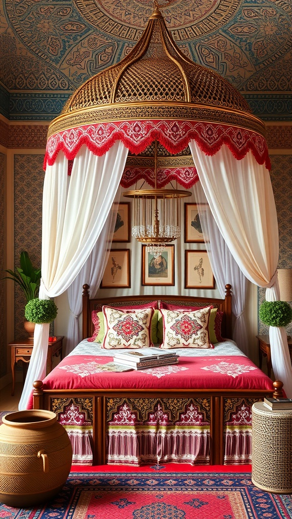 A beautifully decorated bedroom featuring a Moroccan-inspired canopy bed with intricate designs and vibrant colors.