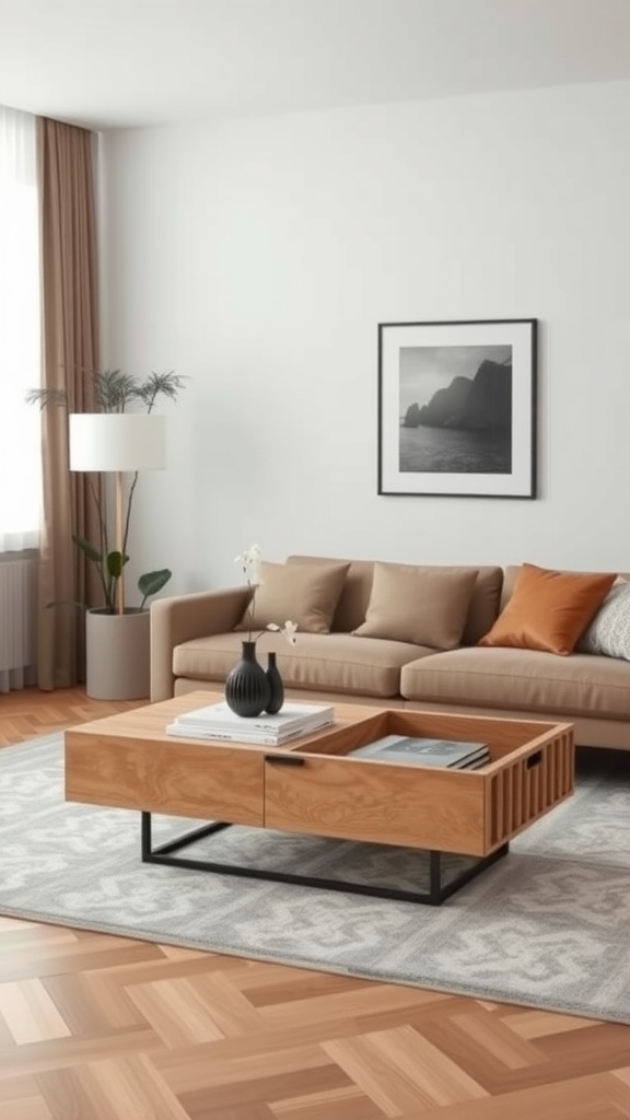 A stylish multi-functional coffee table in a modern living room setting.