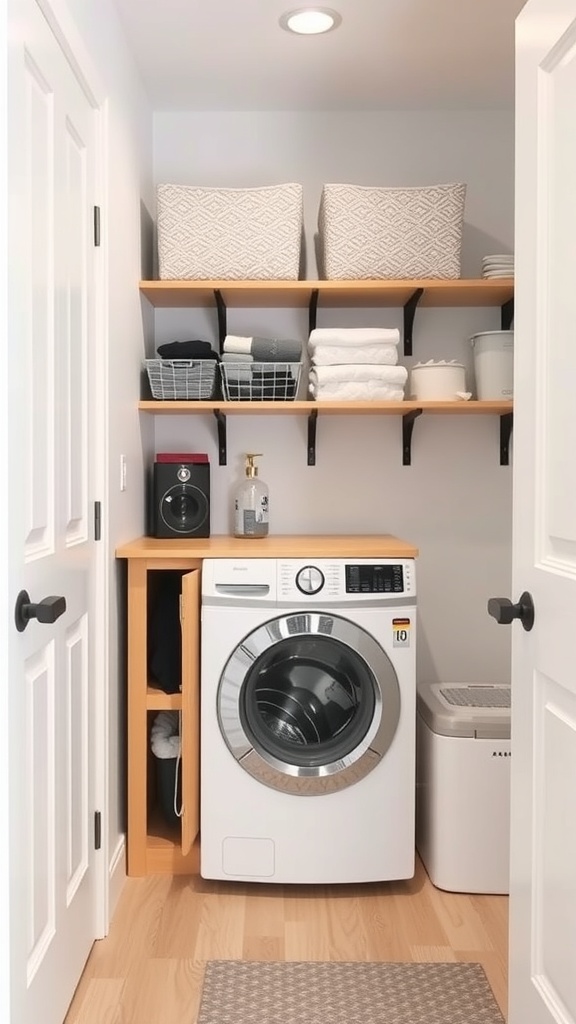 A small laundry room with a washer, shelves, and multi-functional furniture.