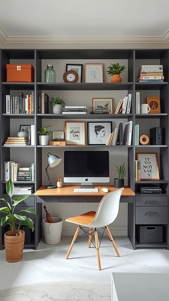 A modern multi-functional shelving unit with a desk, books, plants, and decorative items.