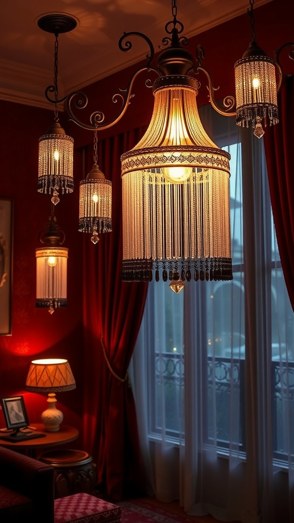 A cozy velvet citadel interior with a chandelier and warm lighting.