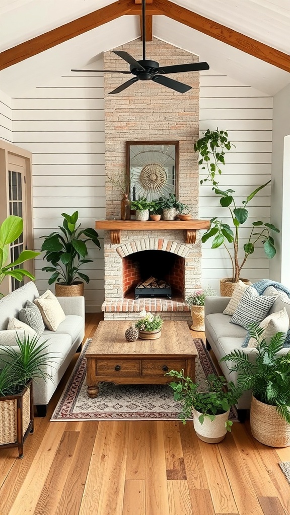 Cozy farmhouse living room with plants and natural elements.