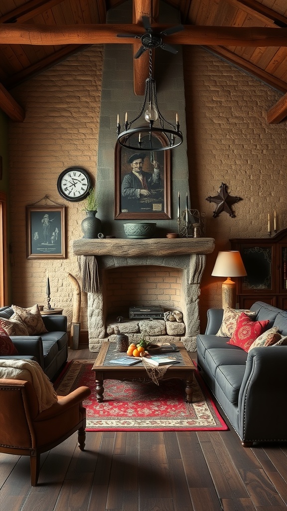 A cozy Western Gothic living room featuring wooden beams, a stone fireplace, and rustic decor.