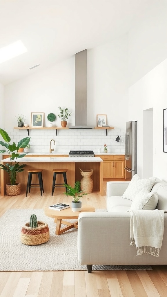 A cozy kitchen featuring natural elements like plants and wooden accents.