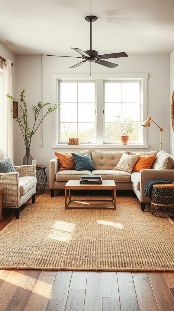 A cozy living room featuring a natural fiber rug, comfortable sofas, and warm decor.