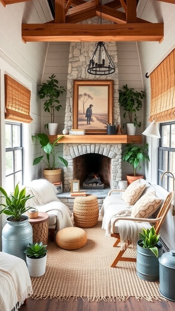 A cozy farmhouse living room with natural fiber textiles, plants, and a stone fireplace.
