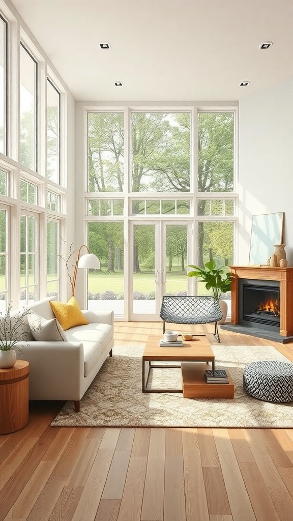 Bright farmhouse living room with large windows and natural light.