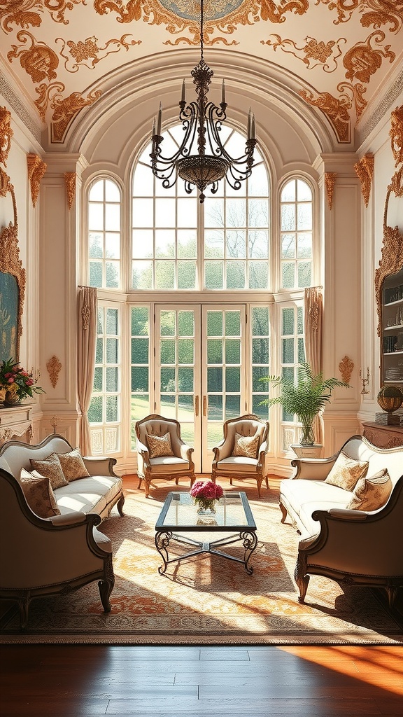 A beautifully decorated Rococo living room with large windows, elegant furniture, and a chandelier.
