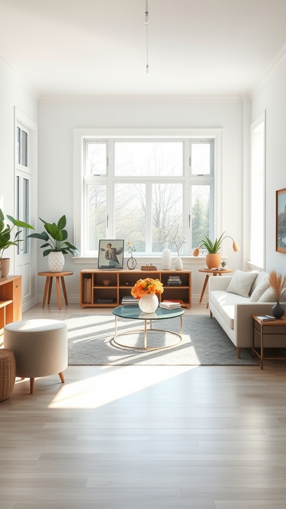 Bright farmhouse living room with large windows and natural light.
