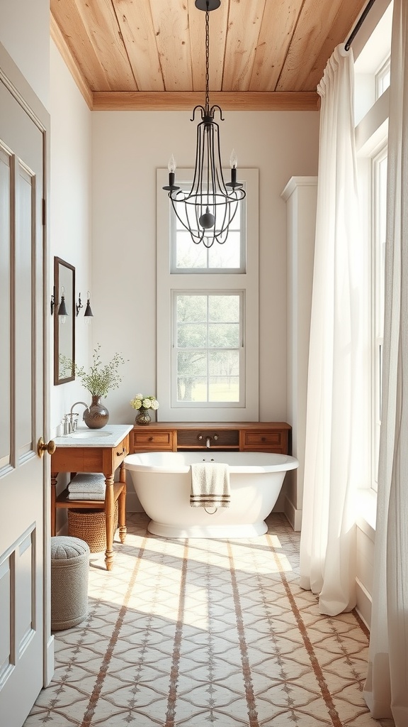 Bright and airy farmhouse bathroom with natural light and elegant decor.