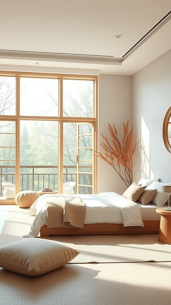 Bright living room with large windows and plants, showcasing natural light.
