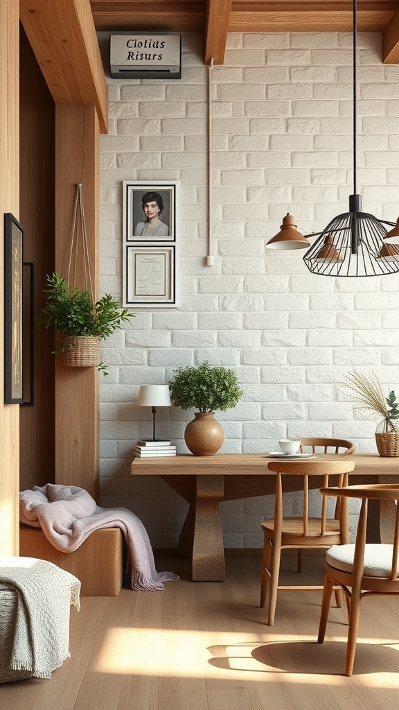 A cozy minimalist interior featuring natural wood and stone textures.