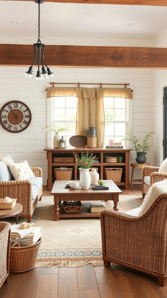 Cozy farmhouse living room with natural materials in furniture