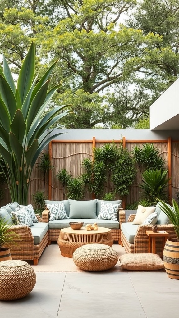 Cozy outdoor lounge with natural privacy screens made of plants and bamboo.