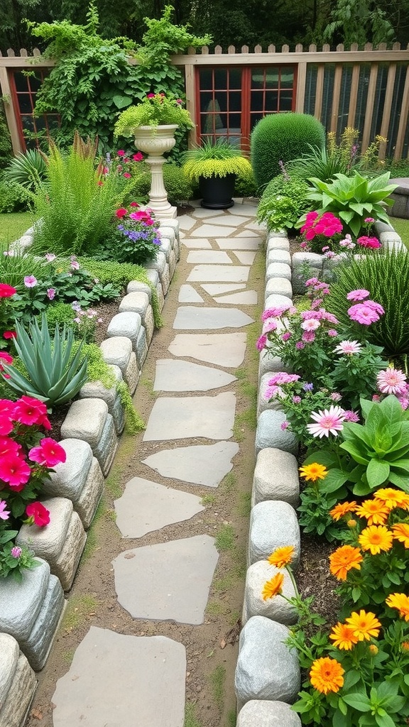 A garden path bordered by natural stones, surrounded by colorful flowers and lush greenery.