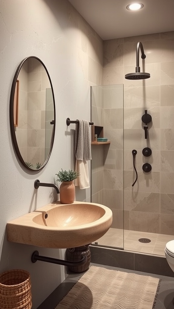 A modern bathroom featuring a natural stone sink, shower, and simple decor.