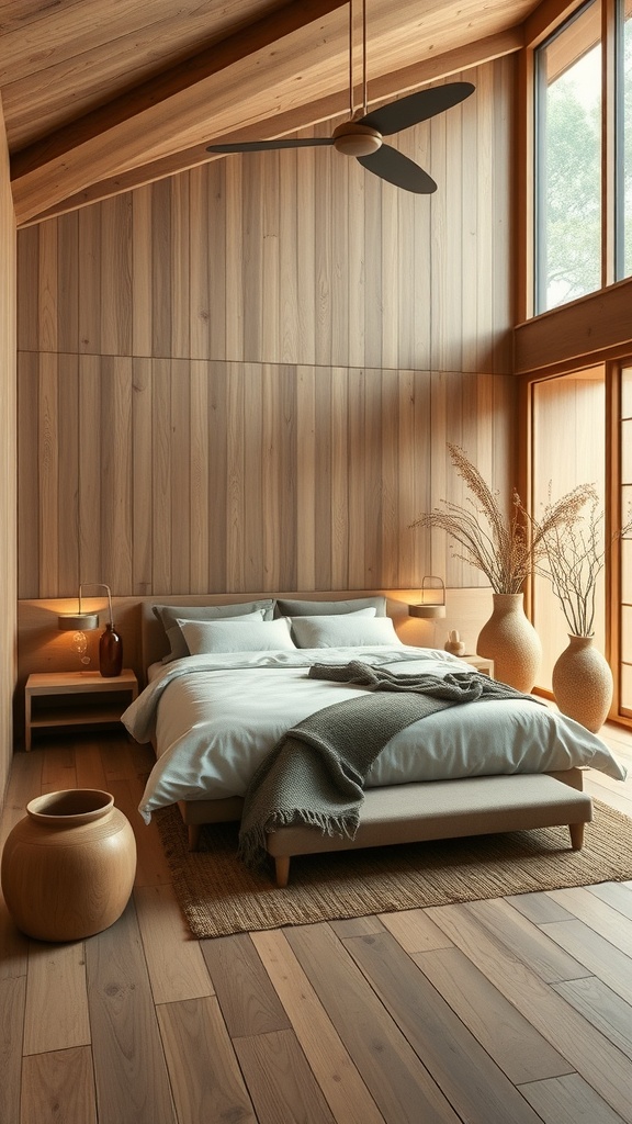 A serene Japandi bedroom featuring natural wood accents, a cozy bed, and soft textiles.