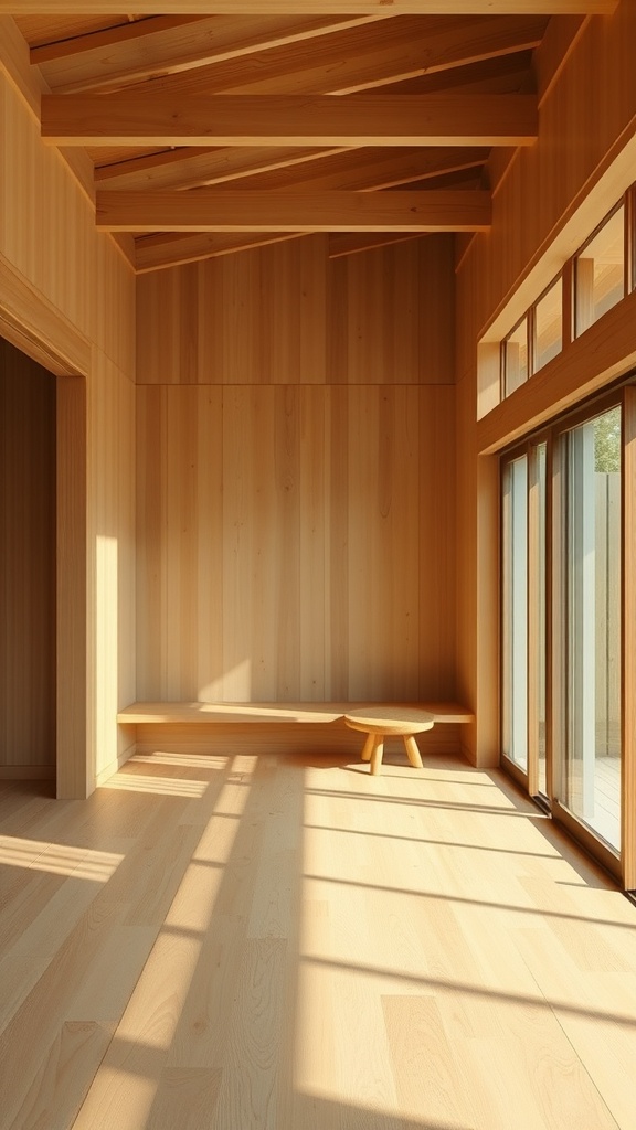 Interior with natural wood elements, featuring light wooden walls and a small table.