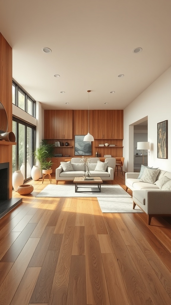 A cozy living room with natural wood flooring, featuring a light-colored sofa, wooden cabinets, and plants.