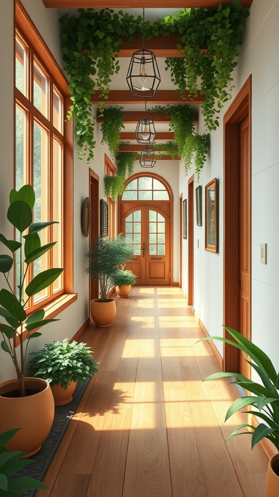 A hallway featuring plants, wooden accents, and natural light.