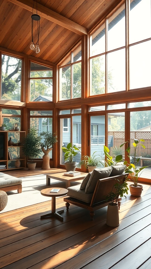 A bright Japanese living room with large windows and indoor plants.
