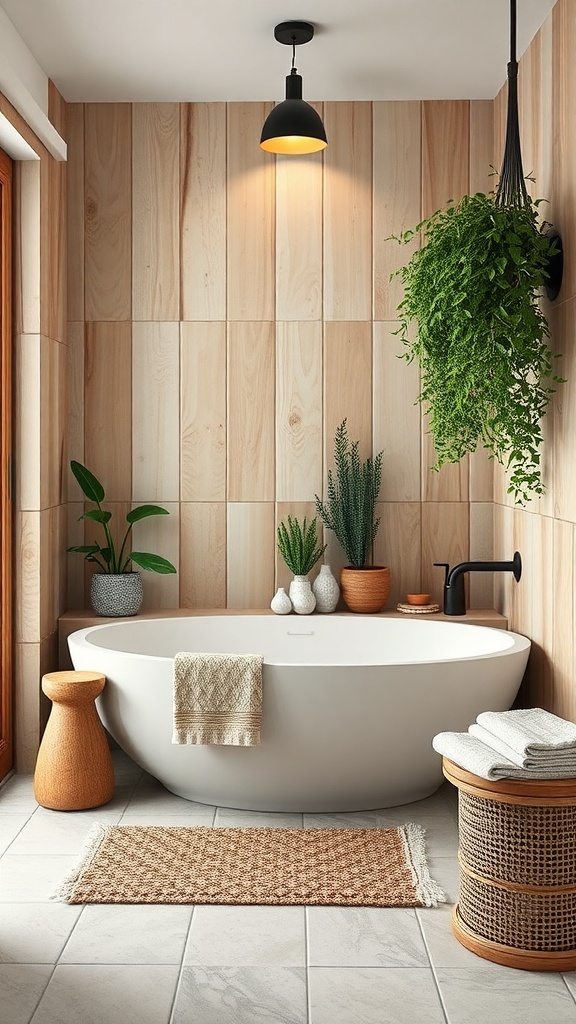 A serene bathroom featuring wooden walls, a freestanding tub, and various plants.