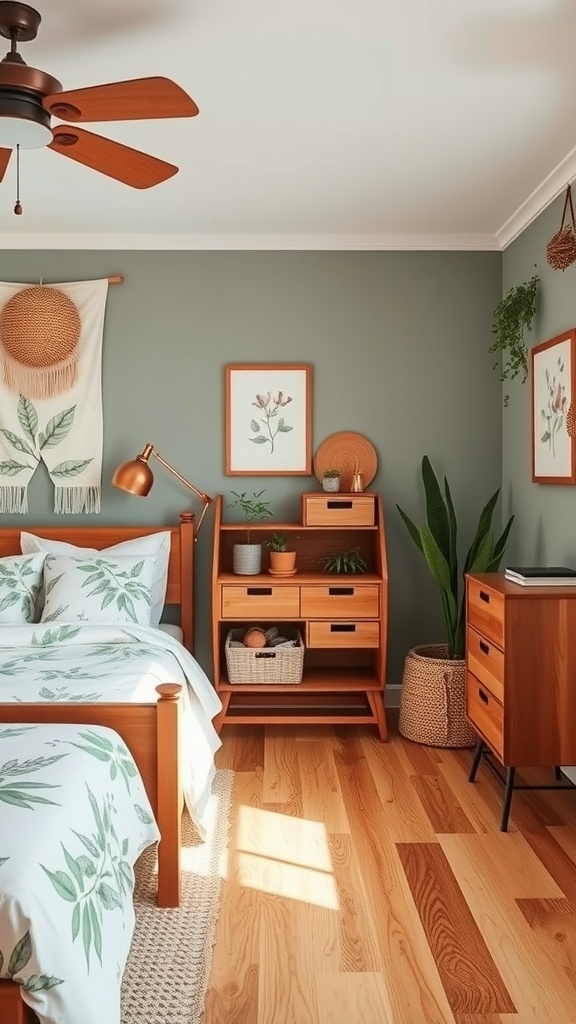 A cozy bedroom with nature-inspired decor, featuring green walls, wooden furniture, and botanical prints.