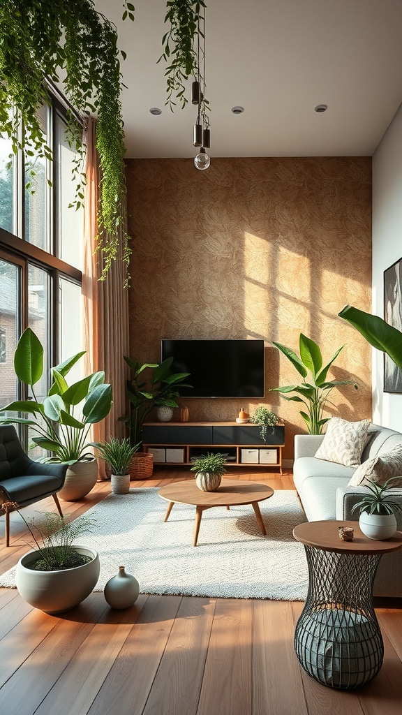 A modern living room featuring large windows, plants, and natural light.