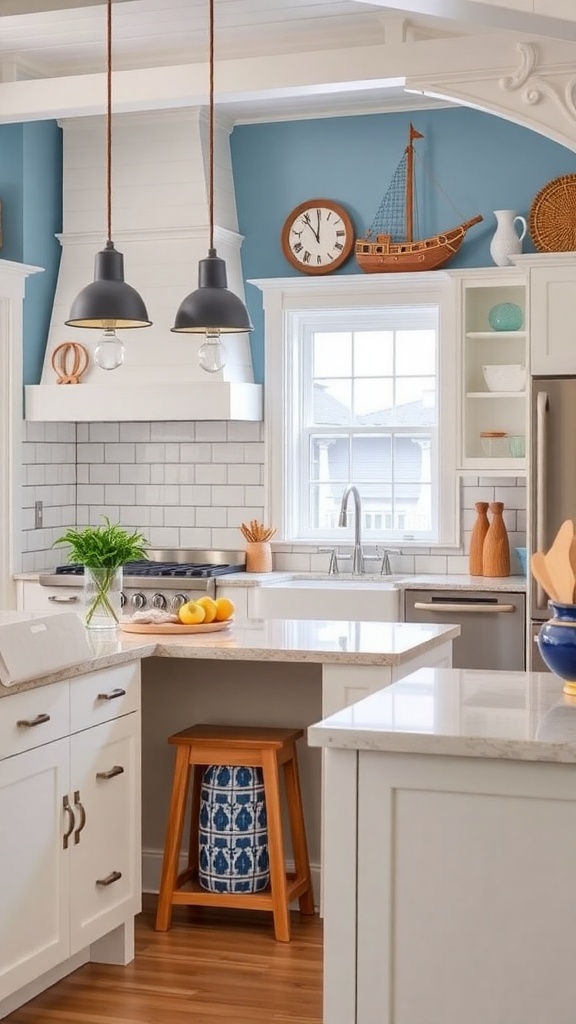 A nautical-inspired kitchen featuring blue cabinets, a ship wheel, and a sailboat decor.