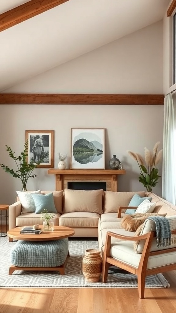A contemporary farmhouse living room featuring neutral and earthy color schemes with a cozy sofa, wooden furniture, and decorative plants.