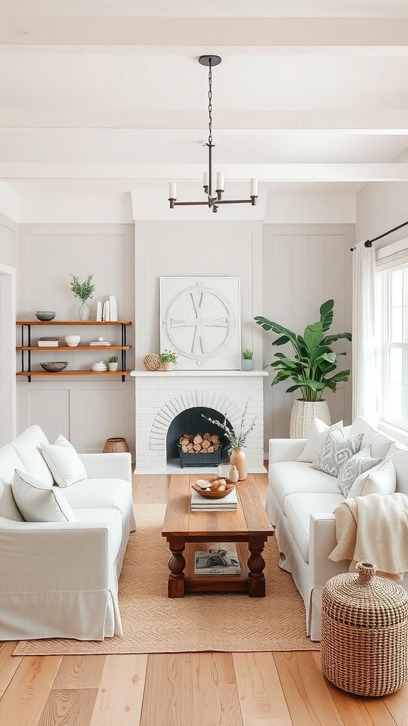 A cozy farmhouse living room with neutral colors, featuring white sofas, a wooden coffee table, and a plant.