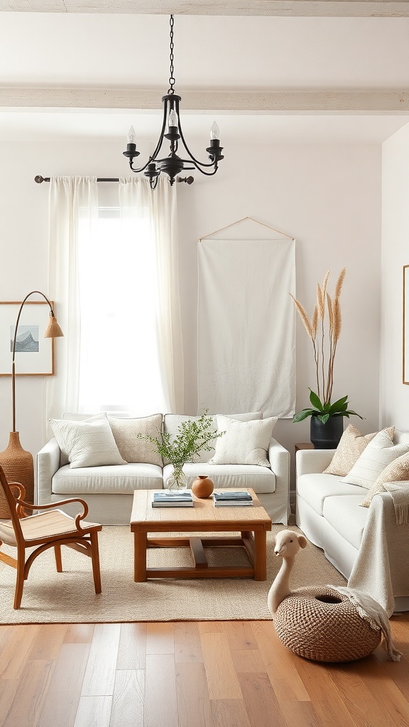 A cozy living room featuring neutral colors with two sofas, a wooden coffee table, and decorative plants.