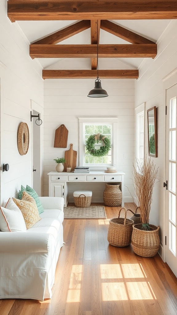 A cozy farmhouse interior with neutral colors, wooden beams, and natural decor.
