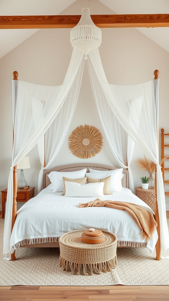 A cozy bedroom with neutral tones, featuring a canopy bed, soft fabrics, and earthy accents.