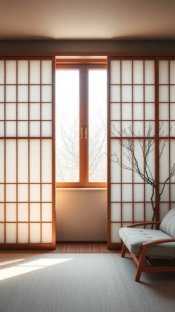 A room featuring Nordic-style shoji screens with natural light filtering through.