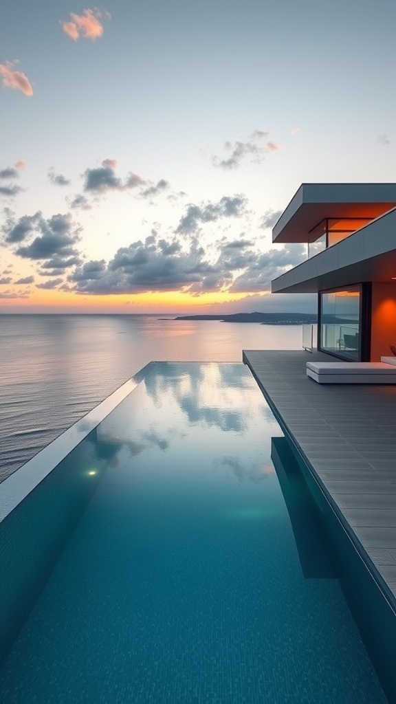 A luxurious infinity pool overlooking the ocean at sunset.