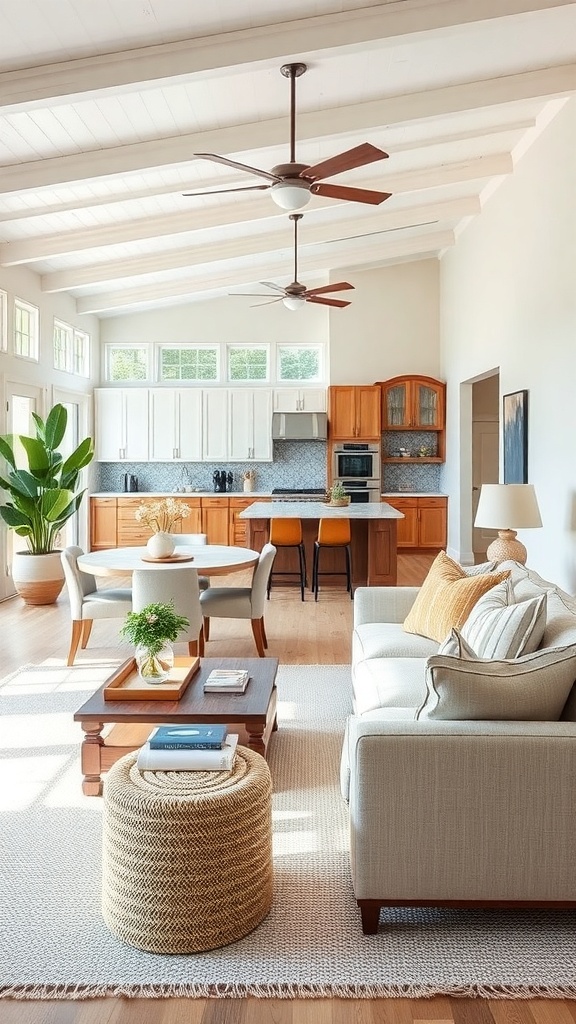 A bright open-concept living area featuring a kitchen and living room with cozy furniture and natural light.