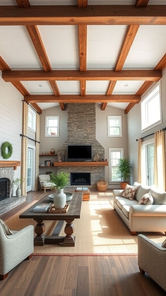 Open-concept living room with wooden beams, cozy furniture, and large windows