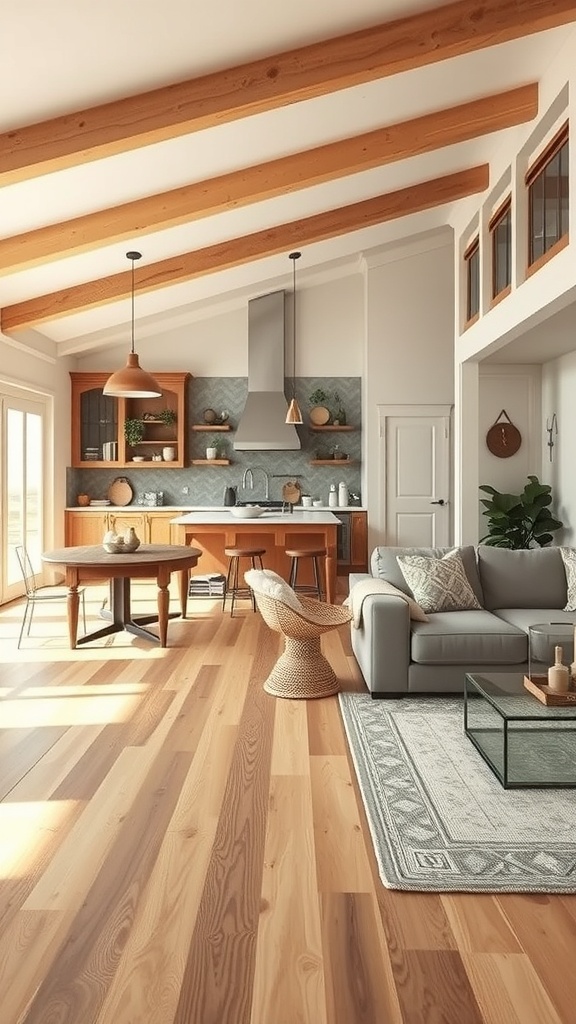 A bright and airy open-concept farmhouse living space with wooden beams and modern decor.