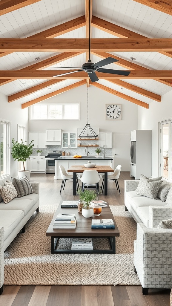 A bright and airy open concept living room with high ceilings and modern farmhouse decor.