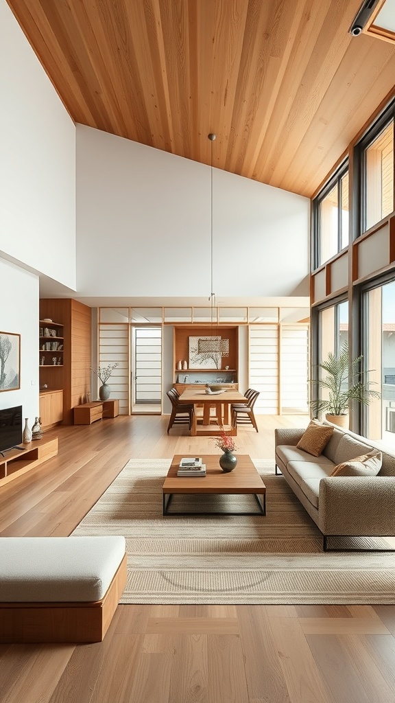 A spacious Japanese living room featuring an open concept design with wooden furniture and natural light.