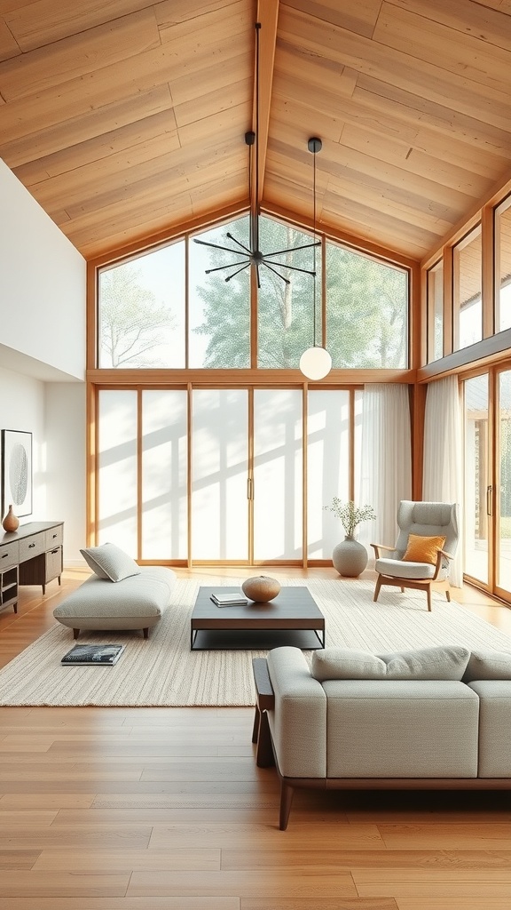 A modern open concept living area featuring a stylish kitchen and comfortable seating.